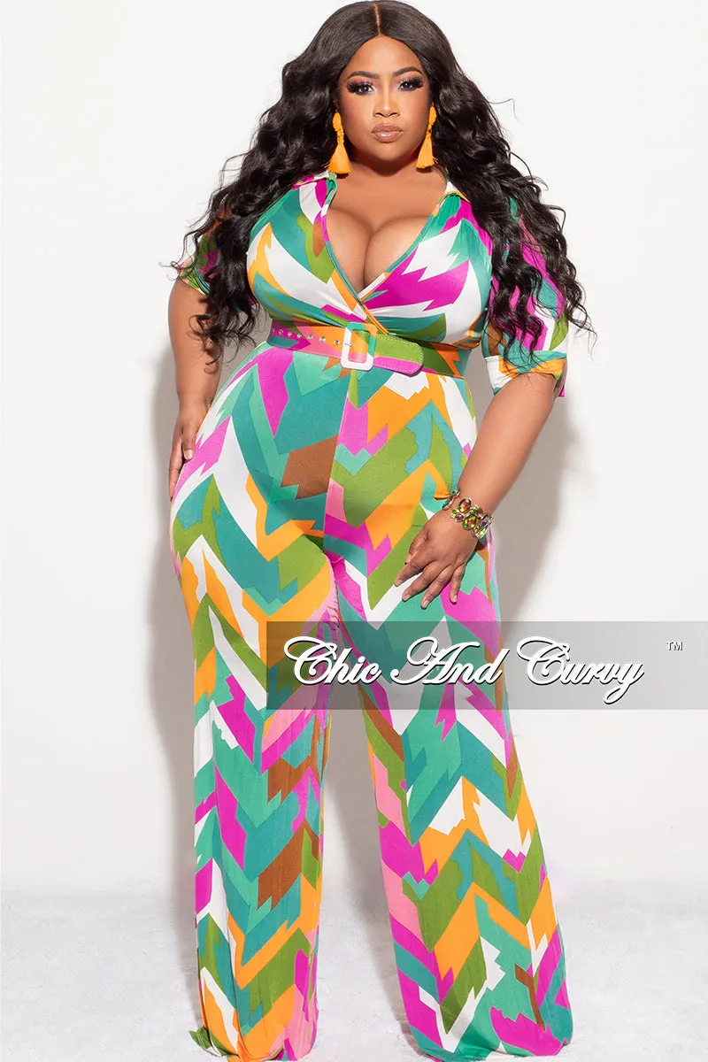 Final Sale Plus Size Collar Faux Wrap Jumpsuit with Belt in Multi Color "Zigzag" Print