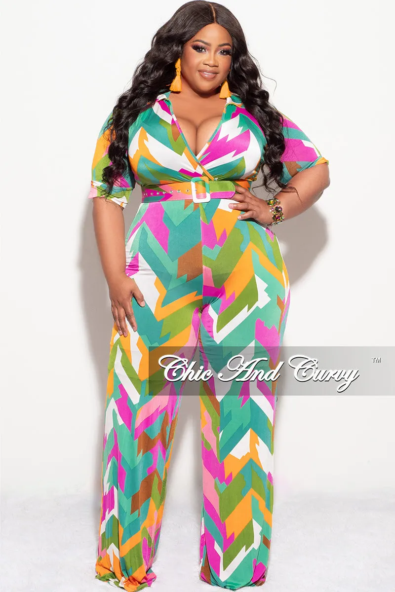 Final Sale Plus Size Collar Faux Wrap Jumpsuit with Belt in Multi Color "Zigzag" Print