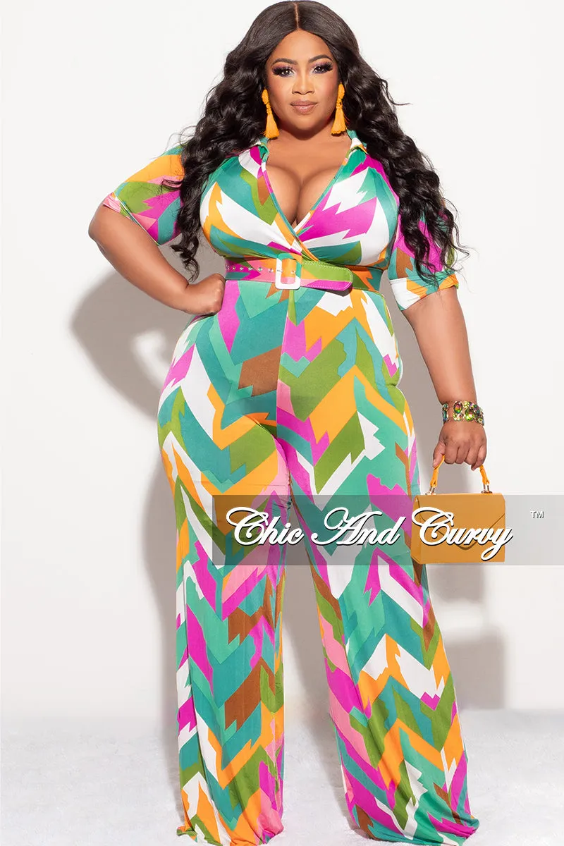 Final Sale Plus Size Collar Faux Wrap Jumpsuit with Belt in Multi Color "Zigzag" Print