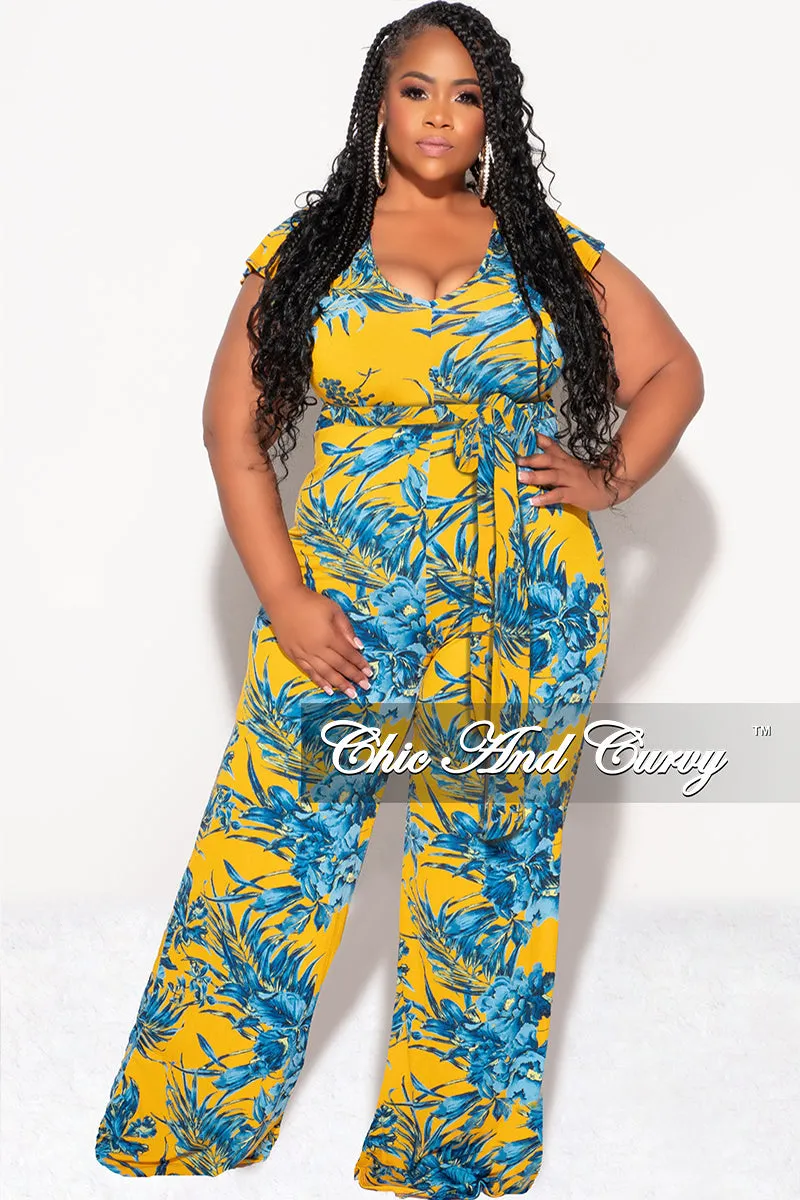 Final Sale Plus Size Faux Wrap Flutter Sleeve Jumpsuit with Tie in Mustard and Turquoise Leaf Print