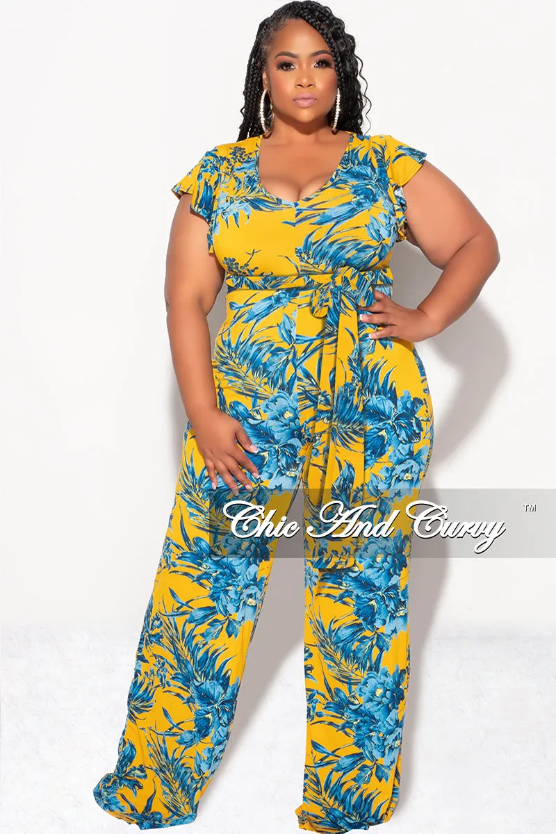 Final Sale Plus Size Faux Wrap Flutter Sleeve Jumpsuit with Tie in Mustard and Turquoise Leaf Print