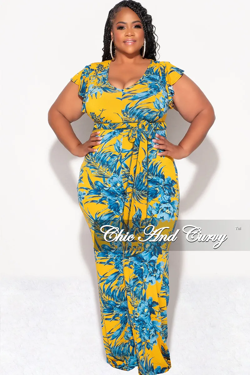 Final Sale Plus Size Faux Wrap Flutter Sleeve Jumpsuit with Tie in Mustard and Turquoise Leaf Print