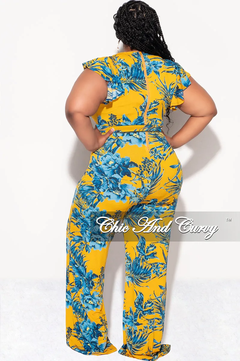 Final Sale Plus Size Faux Wrap Flutter Sleeve Jumpsuit with Tie in Mustard and Turquoise Leaf Print