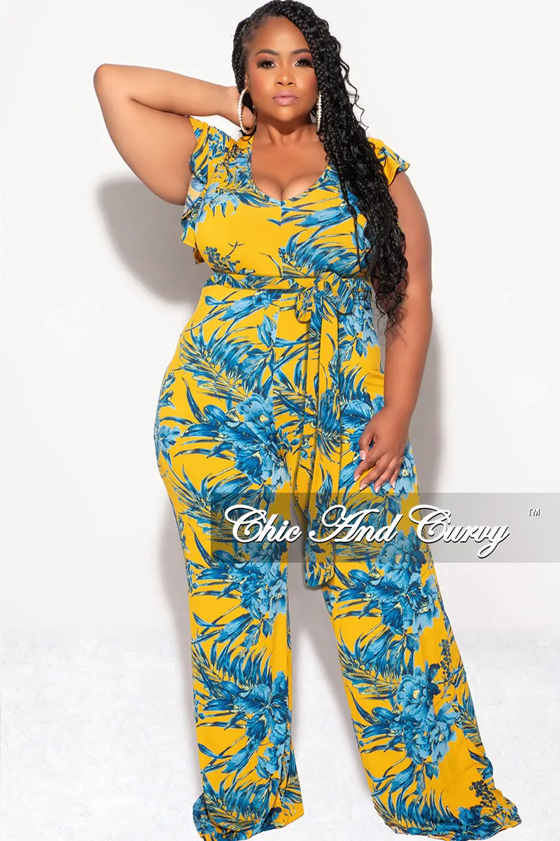 Final Sale Plus Size Faux Wrap Flutter Sleeve Jumpsuit with Tie in Mustard and Turquoise Leaf Print