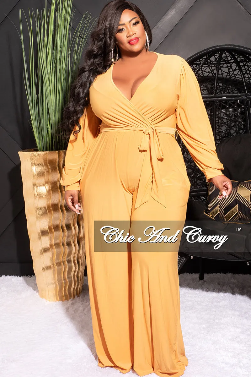 Final Sale Plus Size Faux Wrap Jumpsuit with Waist Tie in Mustard