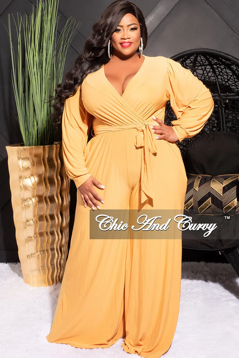 Final Sale Plus Size Faux Wrap Jumpsuit with Waist Tie in Mustard