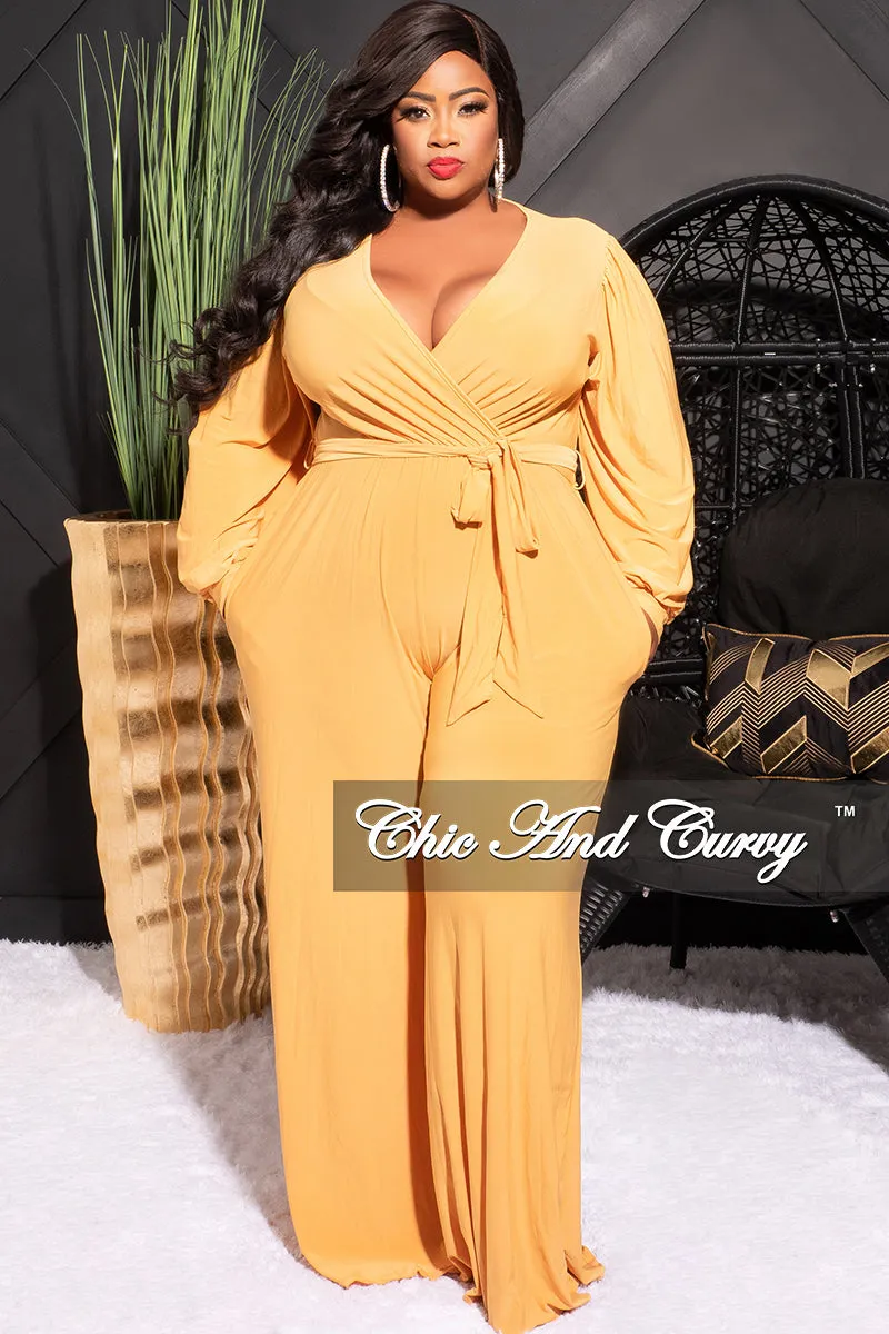 Final Sale Plus Size Faux Wrap Jumpsuit with Waist Tie in Mustard