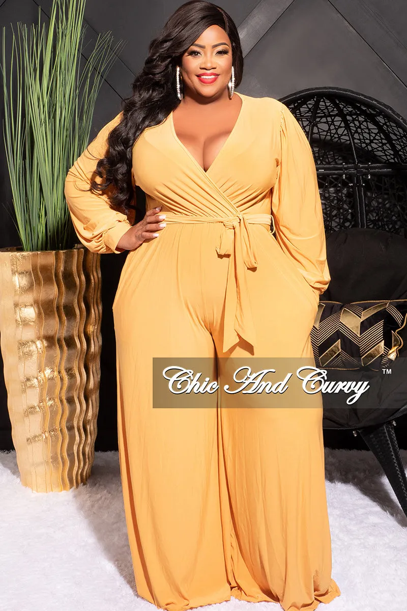 Final Sale Plus Size Faux Wrap Jumpsuit with Waist Tie in Mustard