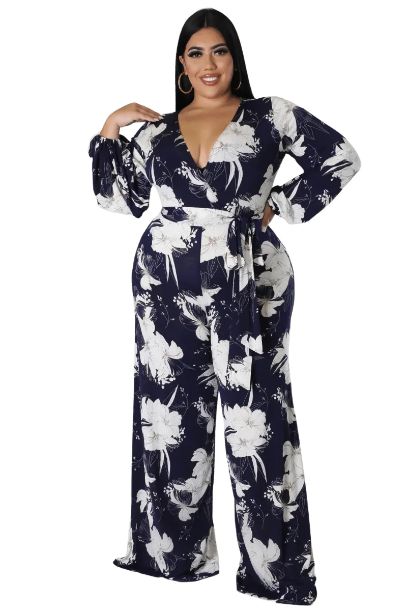 Final Sale Plus Size Faux Wrap Jumpsuit with Waist Tie in Navy and White Floral Print