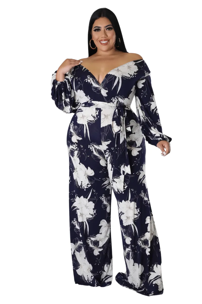 Final Sale Plus Size Faux Wrap Jumpsuit with Waist Tie in Navy and White Floral Print