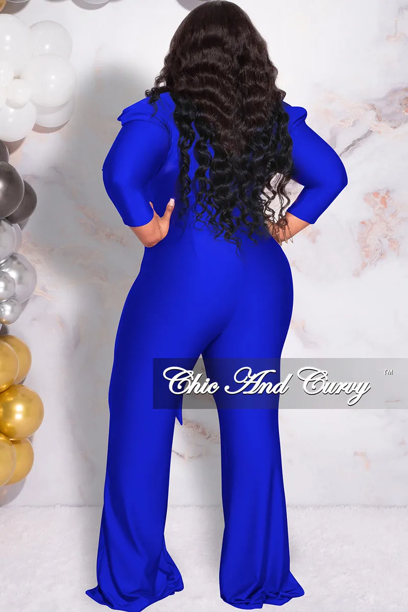 Final Sale Plus Size Faux Wrap  Shiny Jumpsuit in Royal Blue