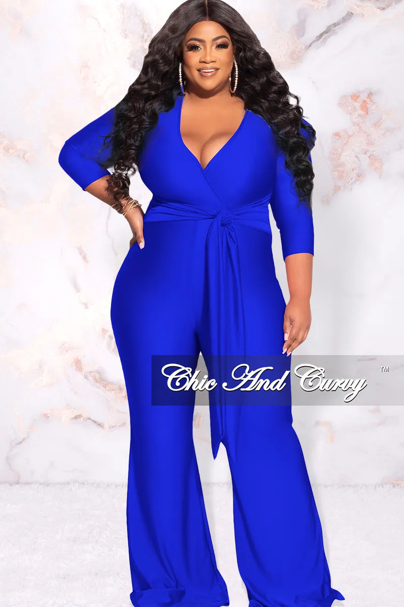 Final Sale Plus Size Faux Wrap  Shiny Jumpsuit in Royal Blue