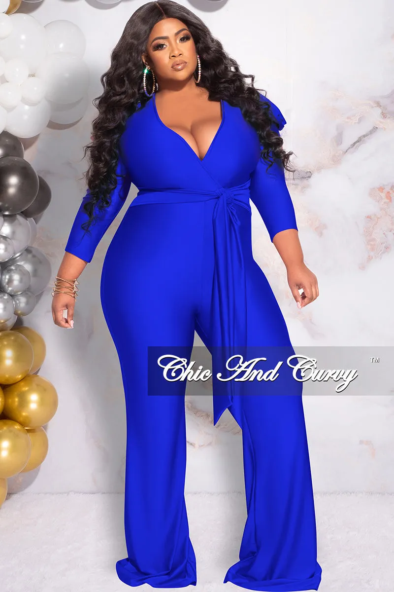 Final Sale Plus Size Faux Wrap  Shiny Jumpsuit in Royal Blue