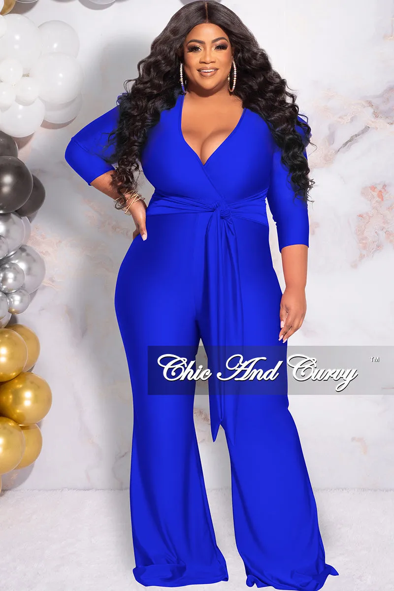 Final Sale Plus Size Faux Wrap  Shiny Jumpsuit in Royal Blue