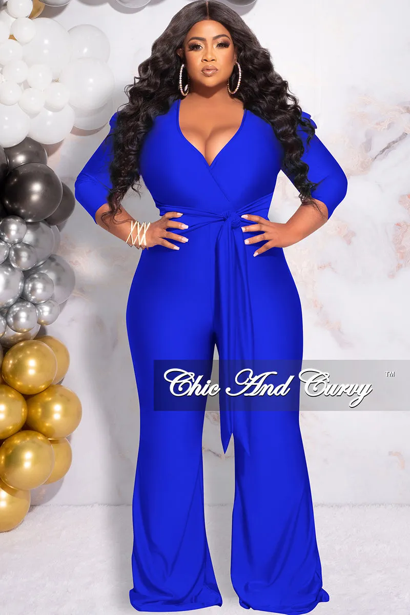 Final Sale Plus Size Faux Wrap  Shiny Jumpsuit in Royal Blue