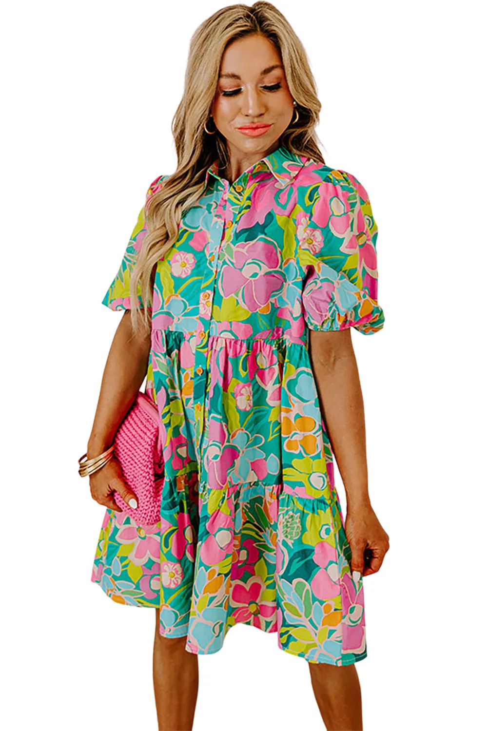 Floral Puff Sleeve Buttoned Babydoll Dress