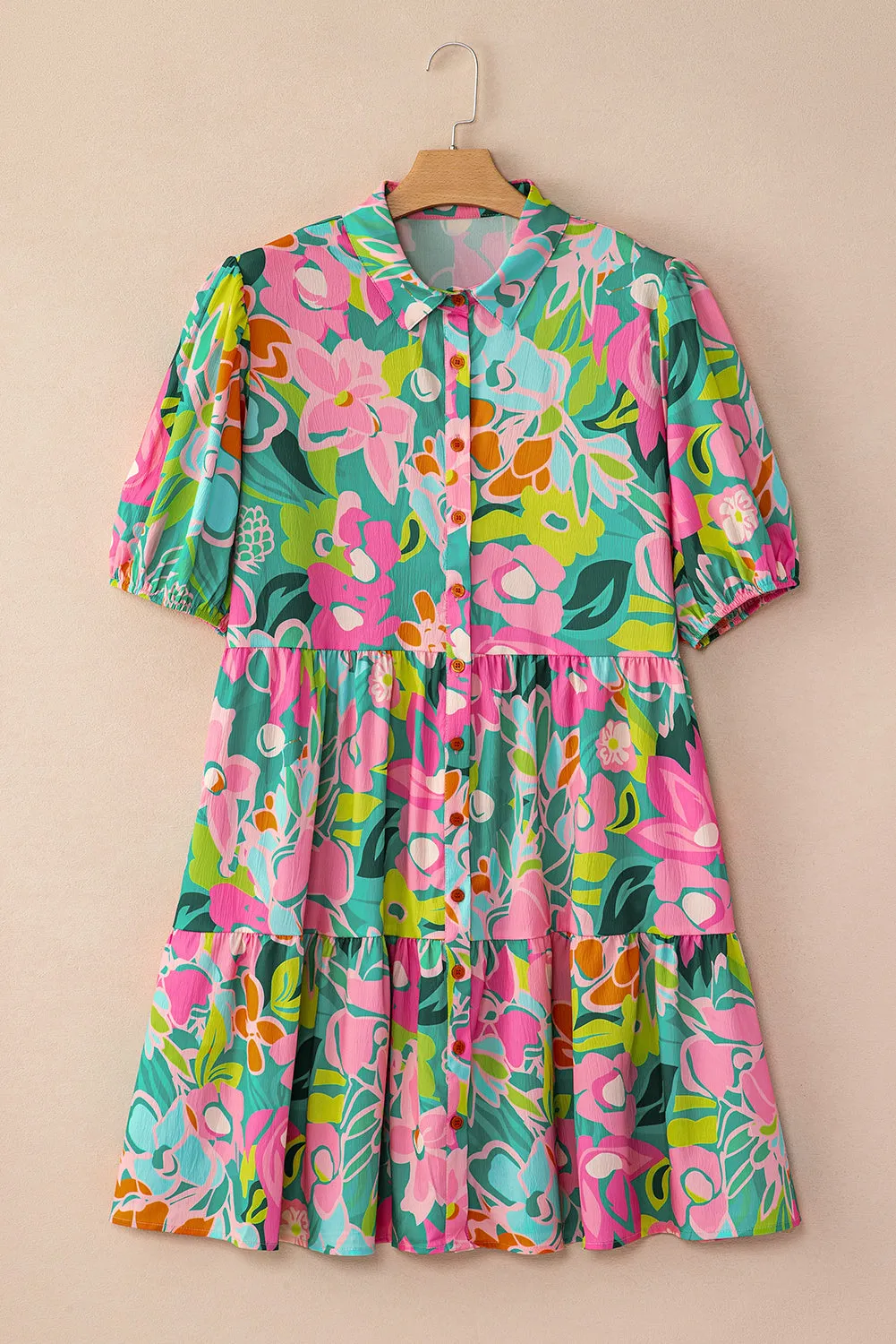 Floral Puff Sleeve Buttoned Babydoll Dress