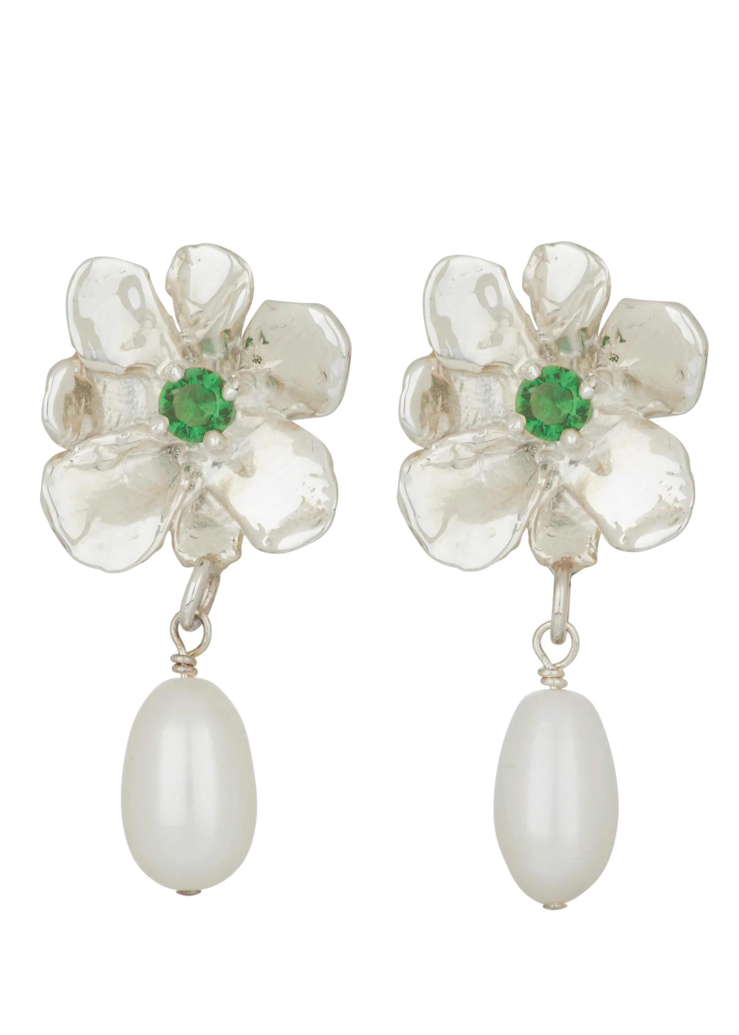 Flower Pearl Drop Earrings in Silver - Lizard