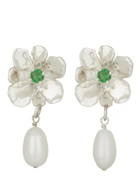 Flower Pearl Drop Earrings in Silver - Lizard