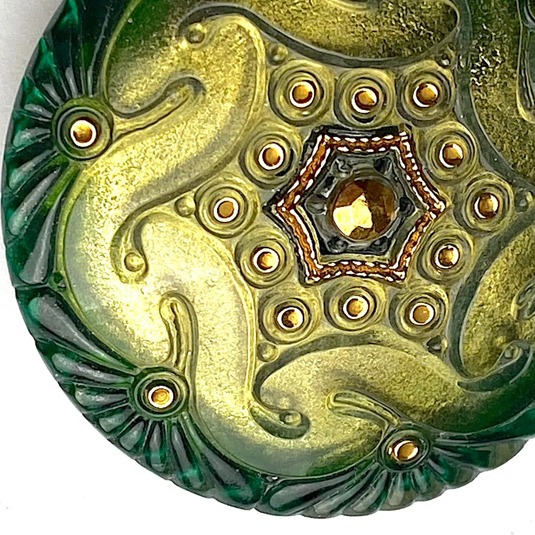 Forest/Gold Czech Glass Button 1-5/8", Handpainted by Susan Clarke  #SC278A