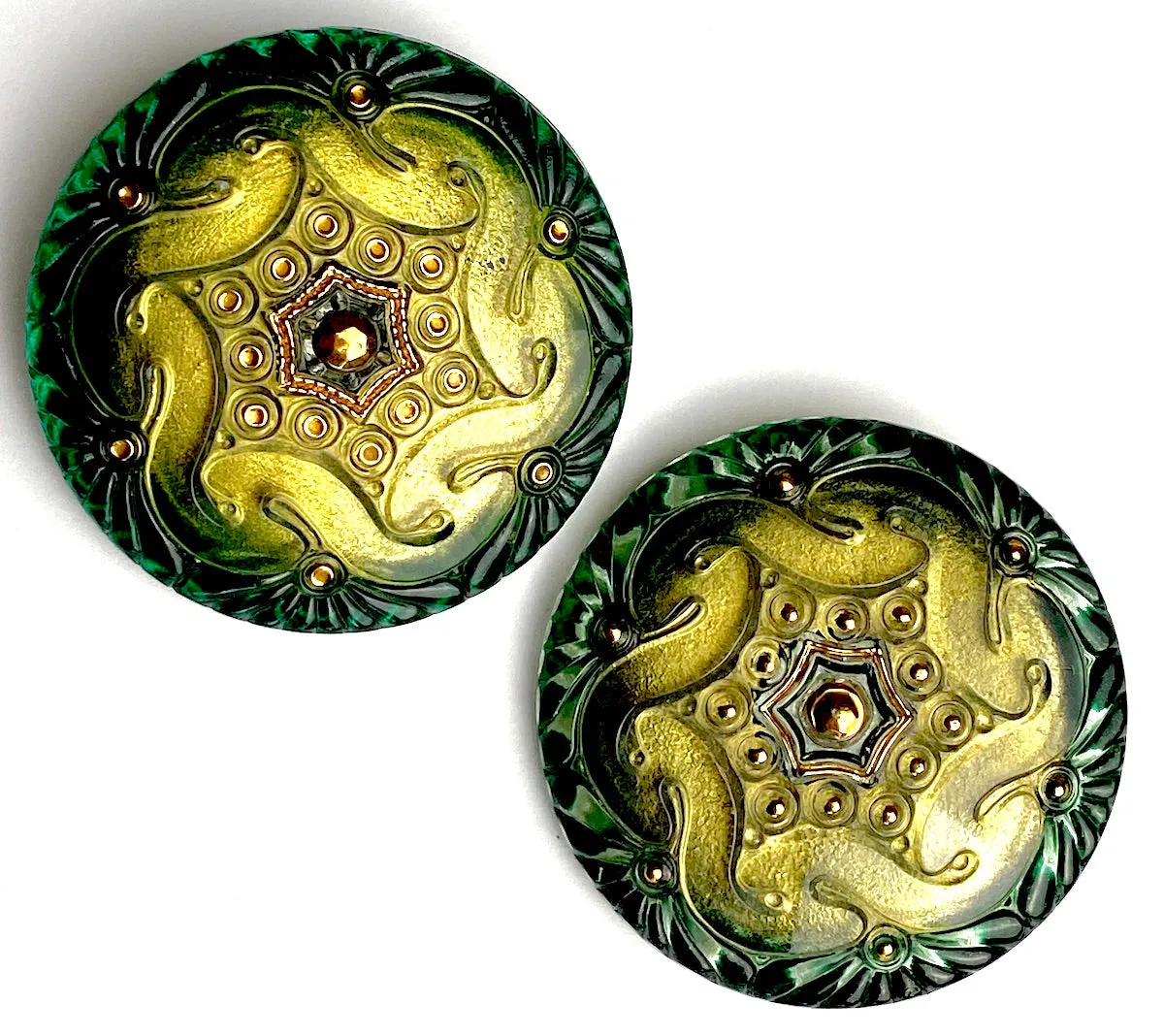 Forest/Gold Czech Glass Button 1-5/8", Handpainted by Susan Clarke  #SC278A