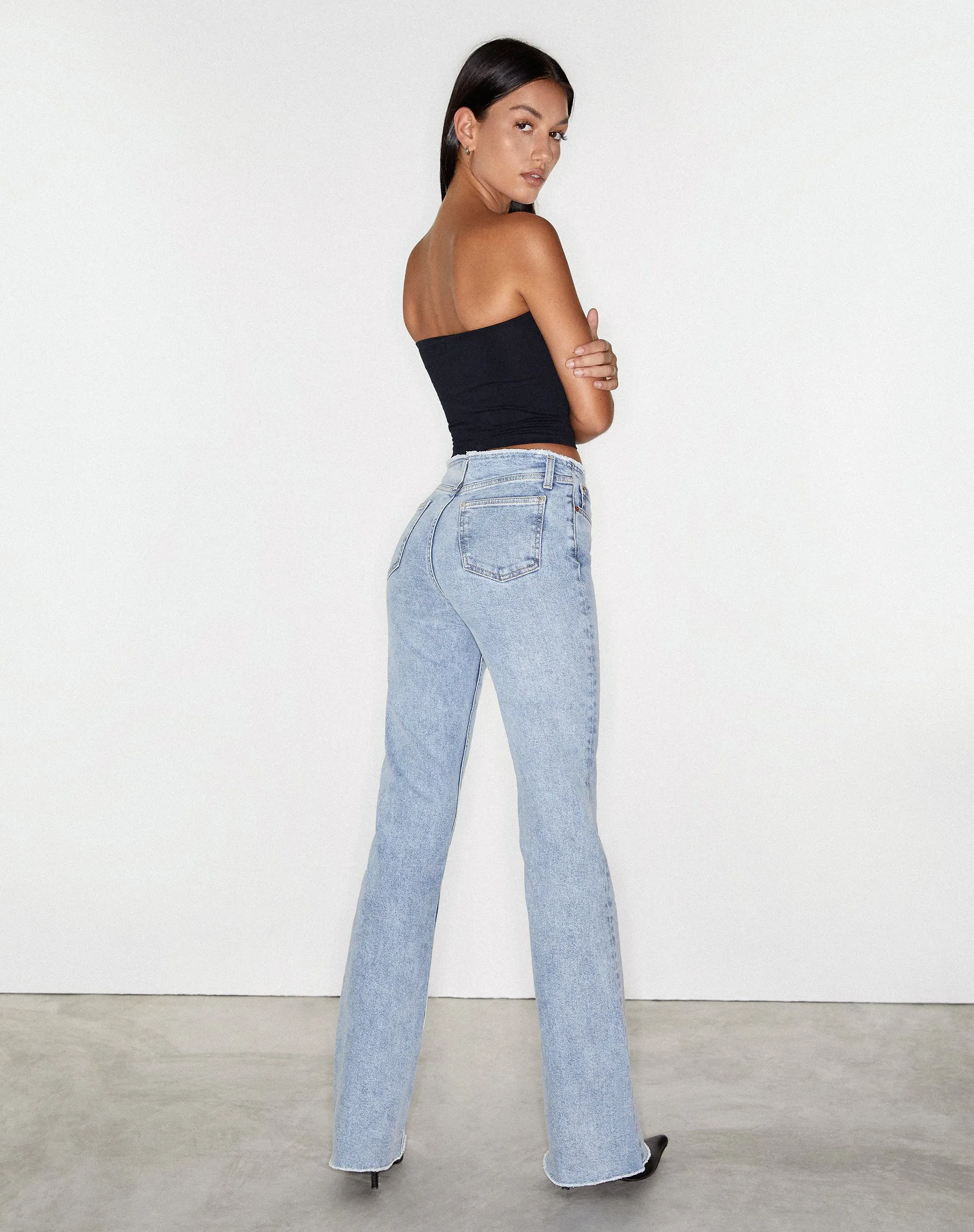 Frayed Low Rise Jeans in Light Wash Blue