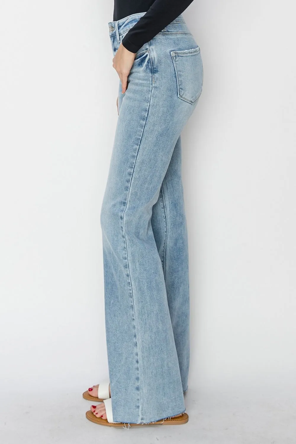 Full Size High Rise Raw Cut Hem Bootcut Jeans