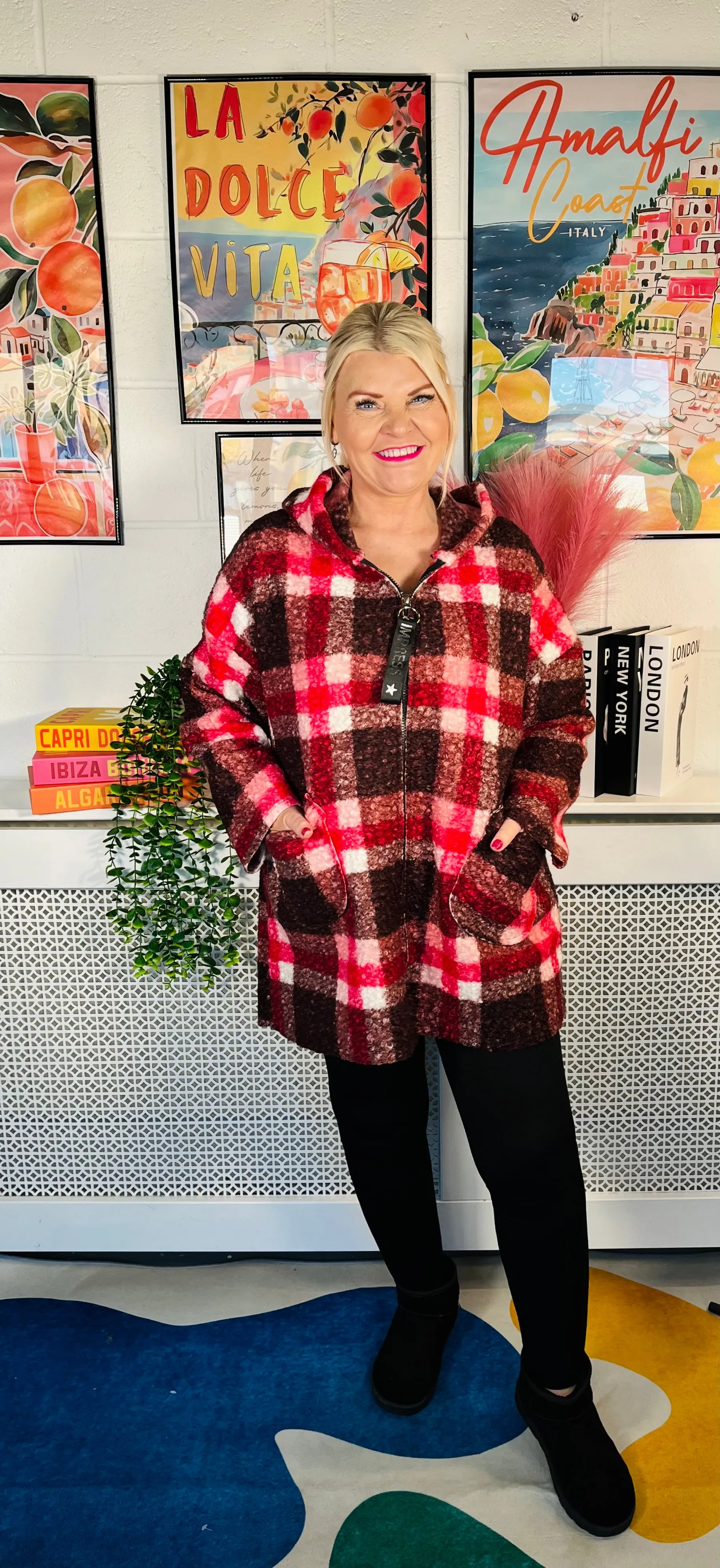 Garner Checked Boucle Coat - Red