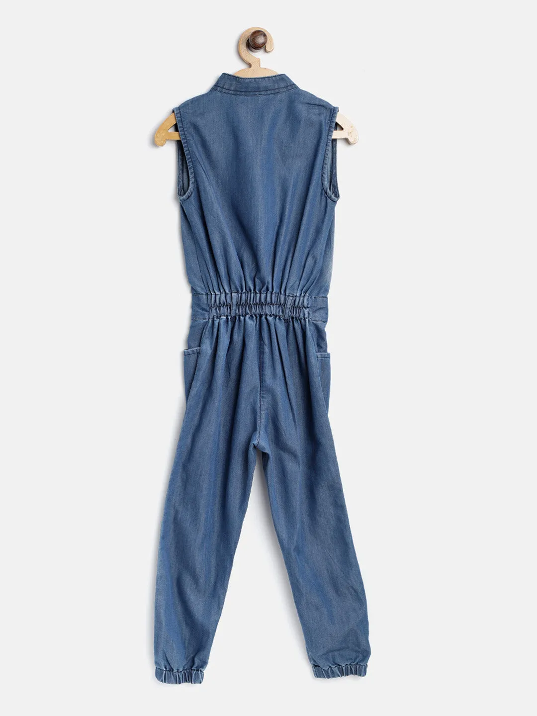 Gilr's Navy Blue Denim Jumpsuit With Washed Effect - StyleStone Kid