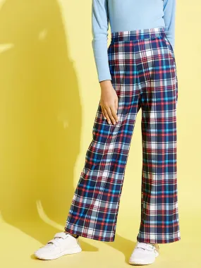 Girls Blue & Red Check Straight Pants