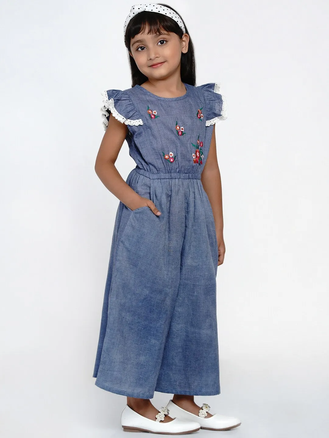 Girl's Blue & White Solid Basic Jumpsuit - NOZ2TOZ KIDS