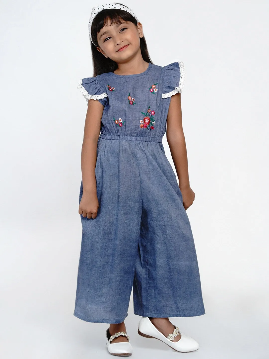 Girl's Blue & White Solid Basic Jumpsuit - NOZ2TOZ KIDS