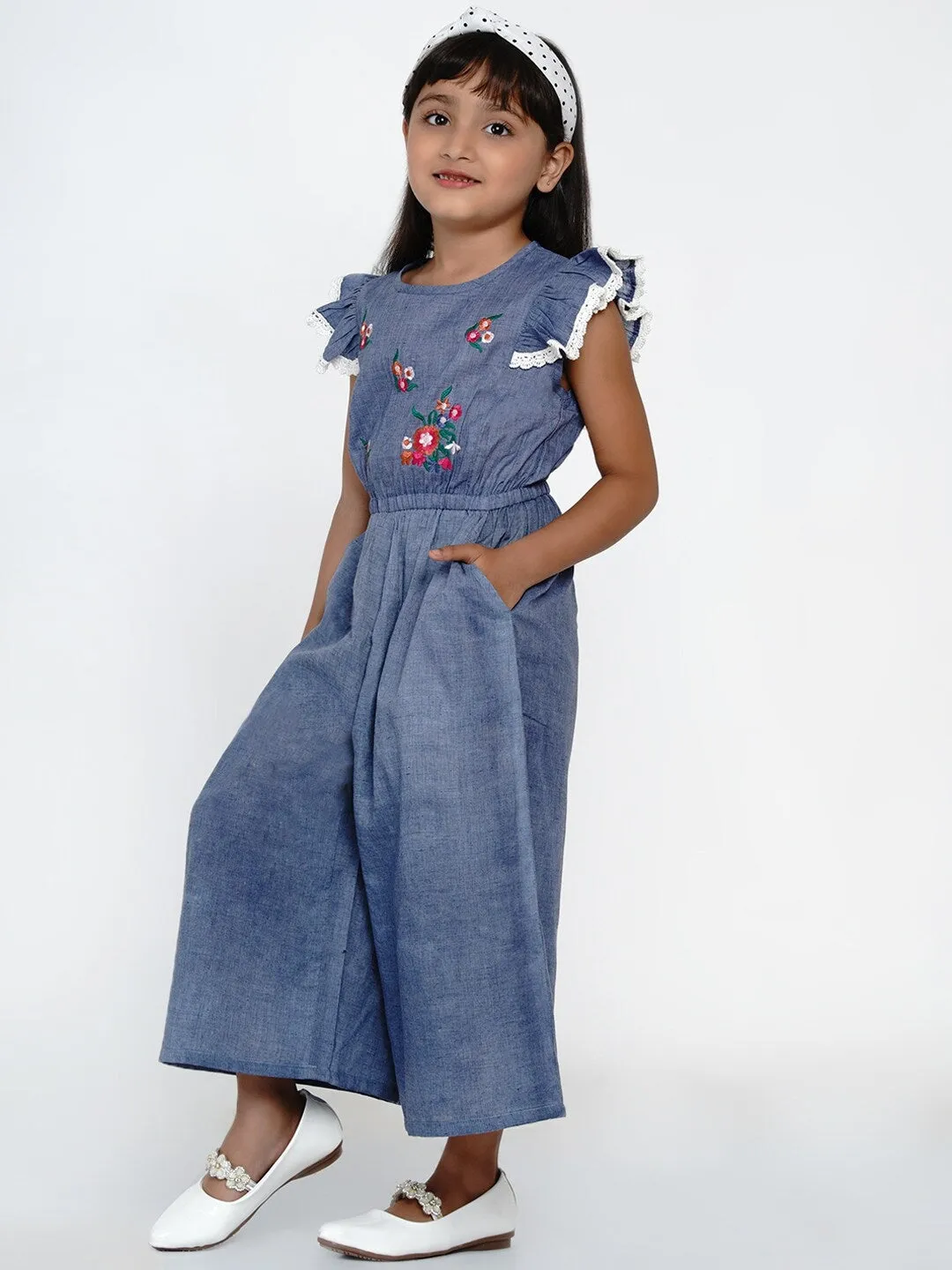 Girl's Blue & White Solid Basic Jumpsuit - NOZ2TOZ KIDS