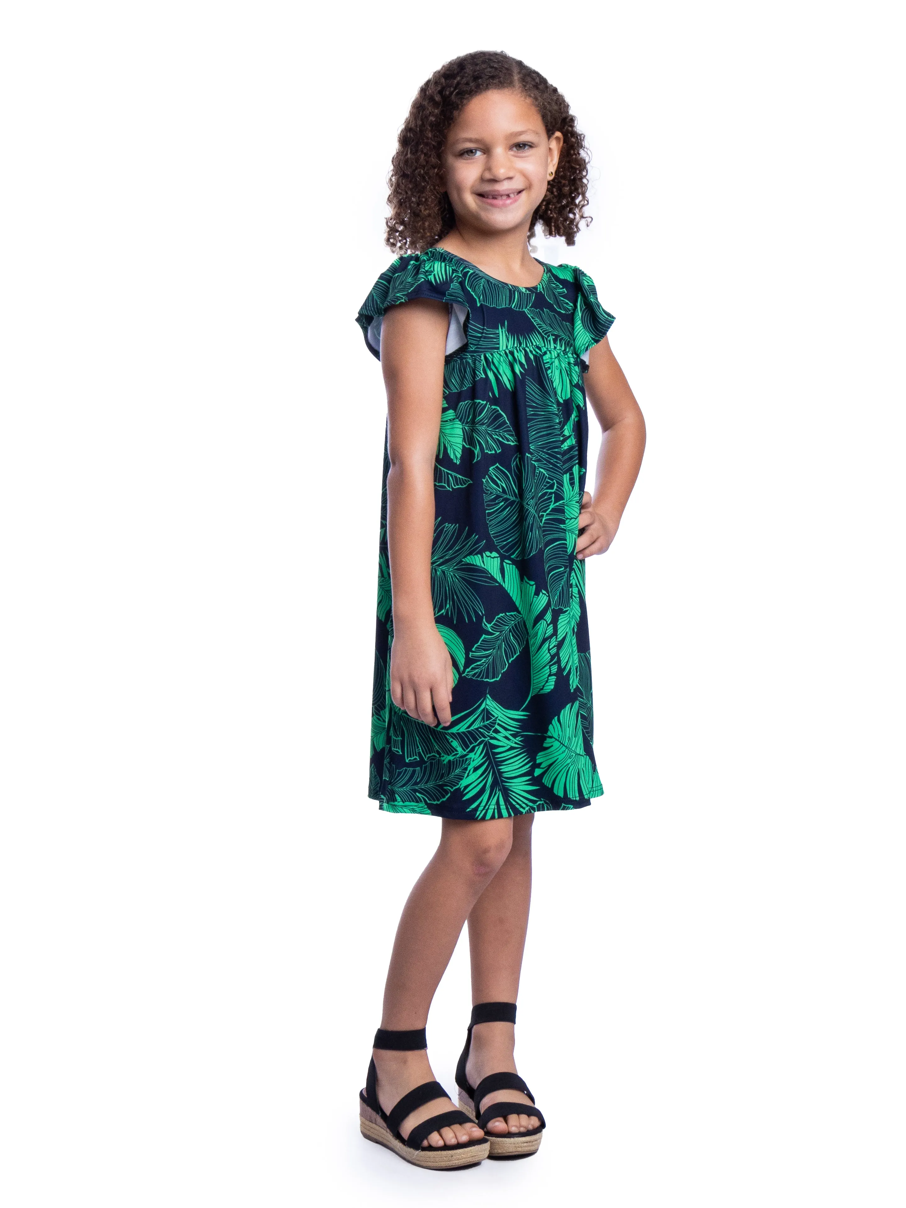 Girls Green Leaf Print Babydoll Knee Length Dress