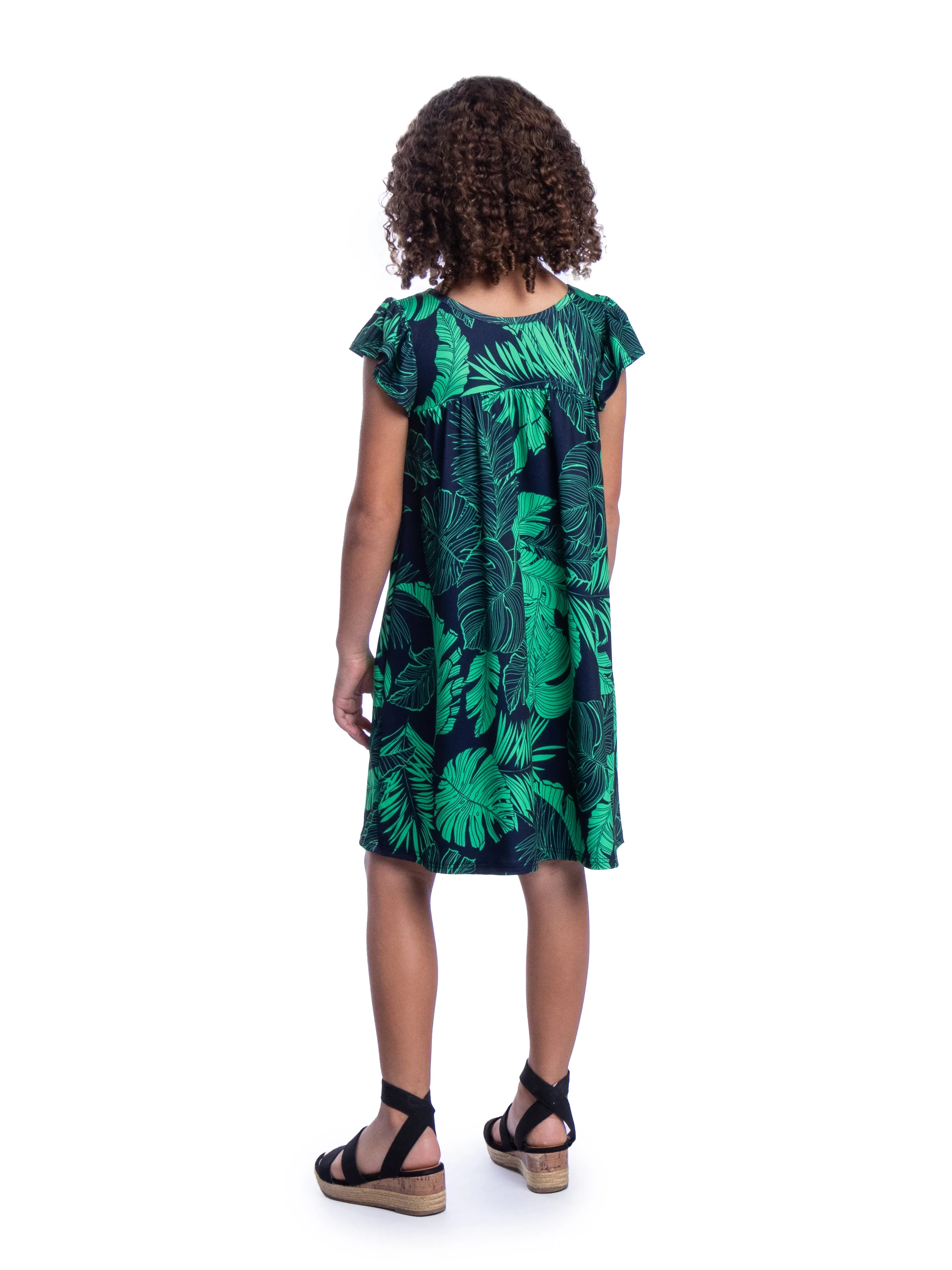 Girls Green Leaf Print Babydoll Knee Length Dress