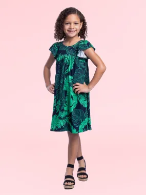 Girls Green Leaf Print Babydoll Knee Length Dress