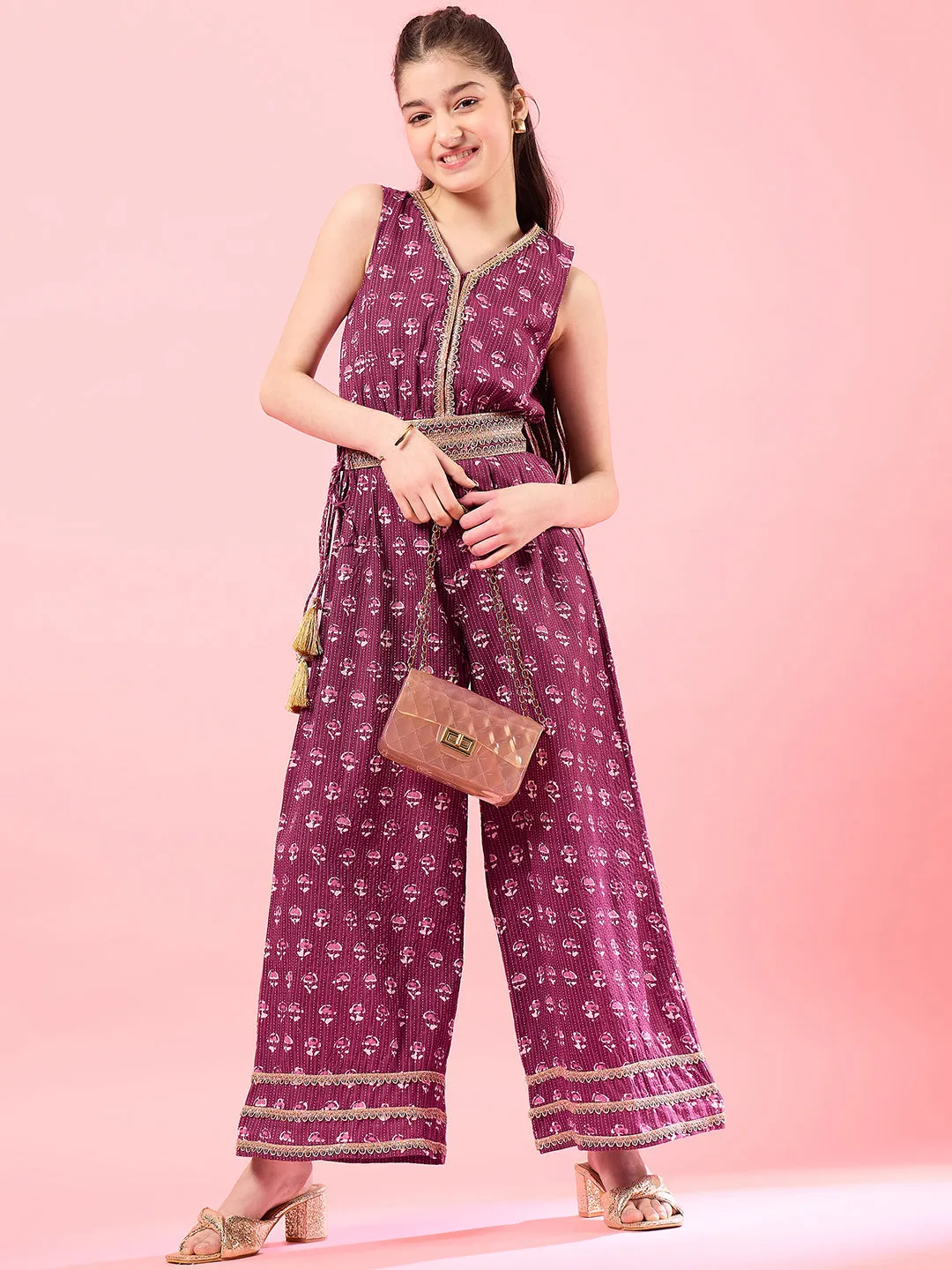 Girls Printed Basic Jumpsuit With Embellished - PS Peaches