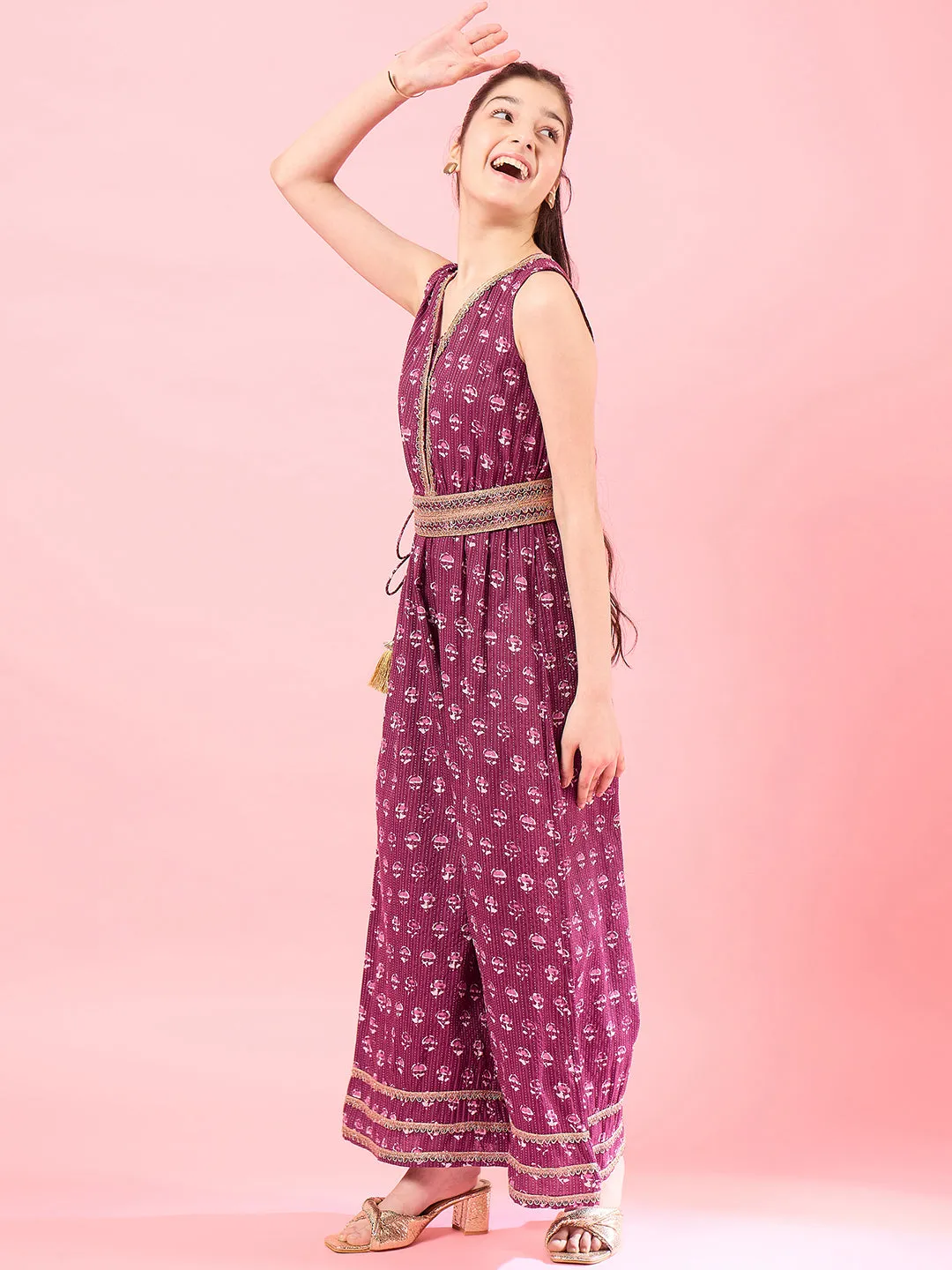 Girls Printed Basic Jumpsuit With Embellished - PS Peaches