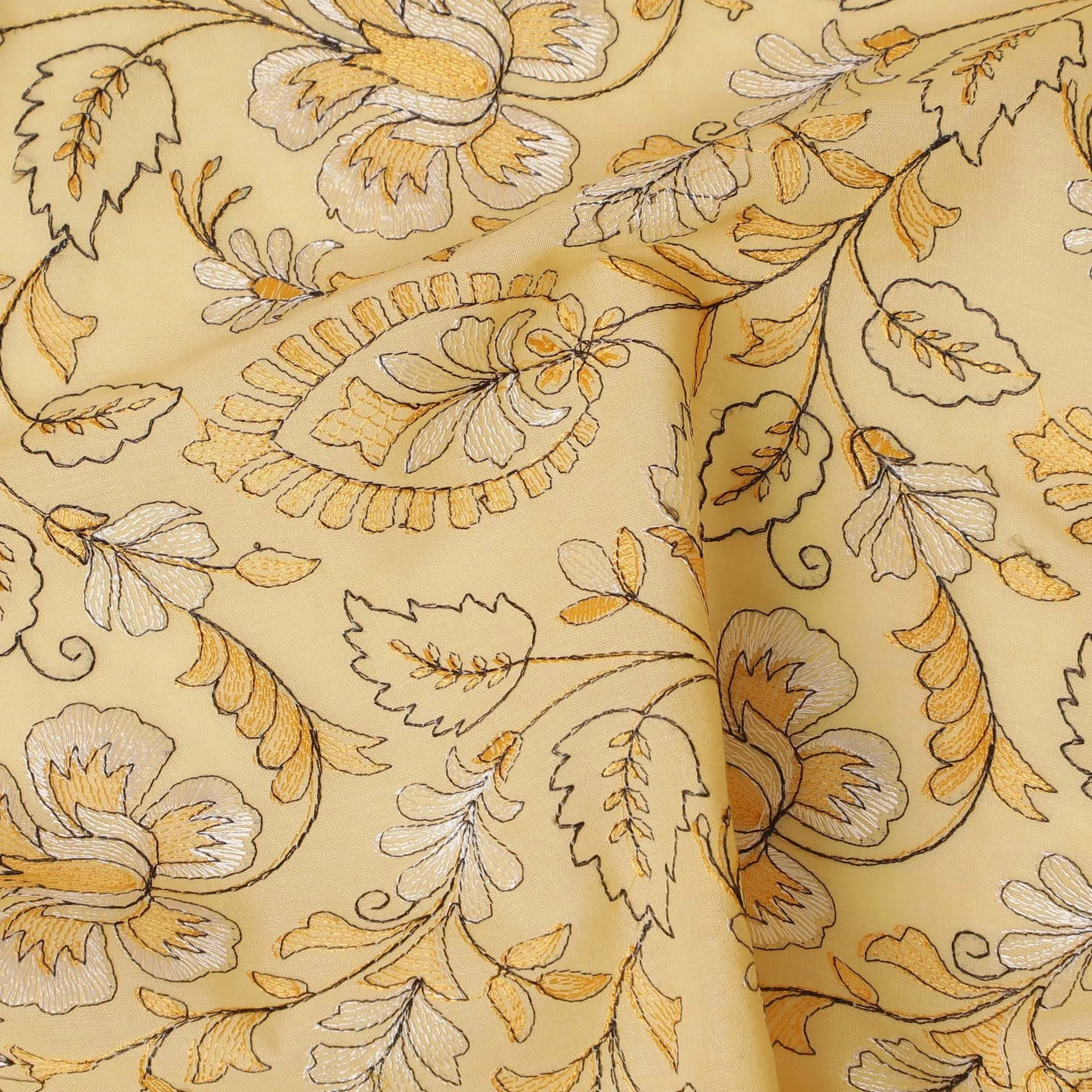 Golden Harvest Embroidered Cotton Lawn Fabric - Sun-Kissed Yellow with White Florals, 110cm Width-D18752