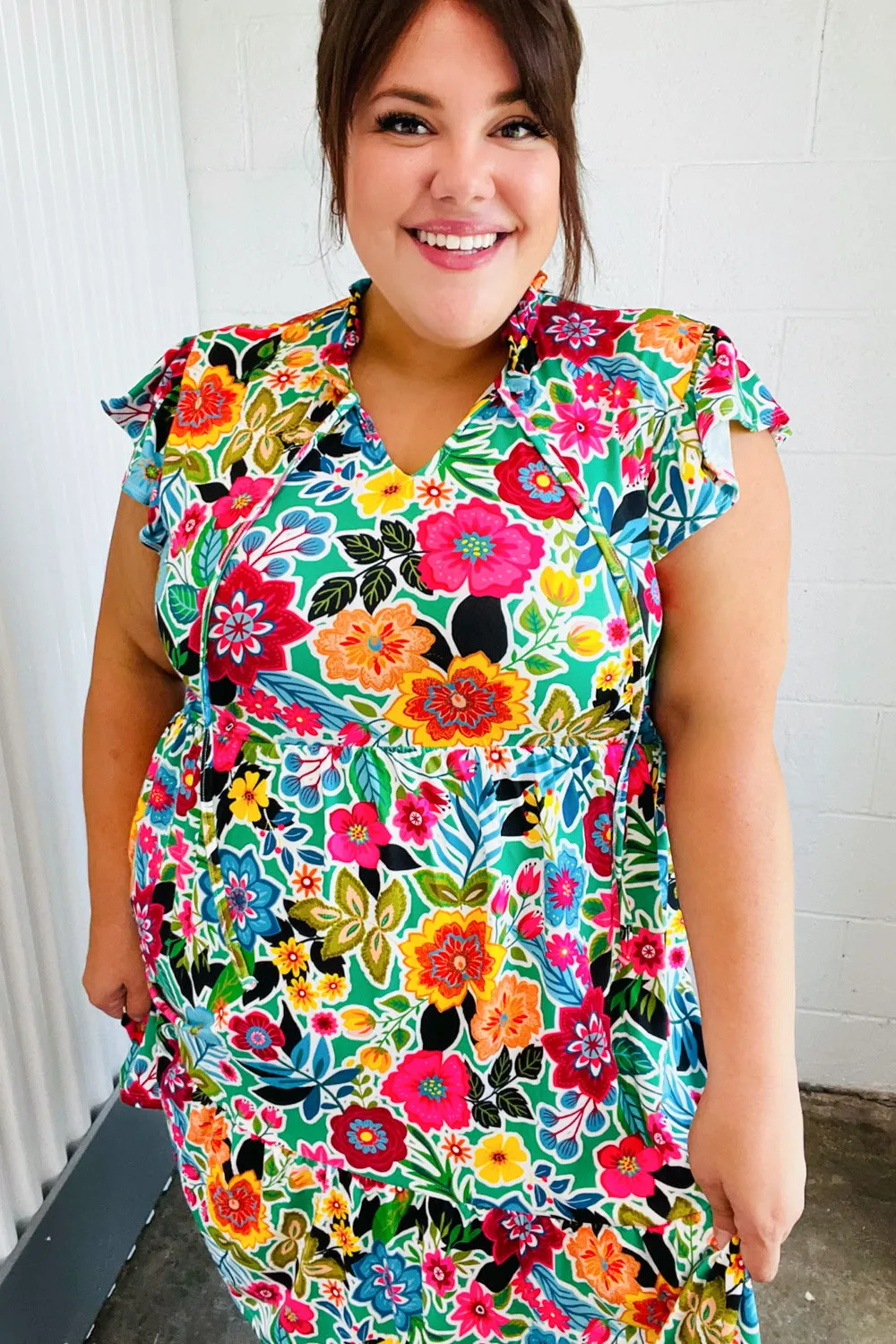 Green & Fuchsia Floral Fit and Flare Dress