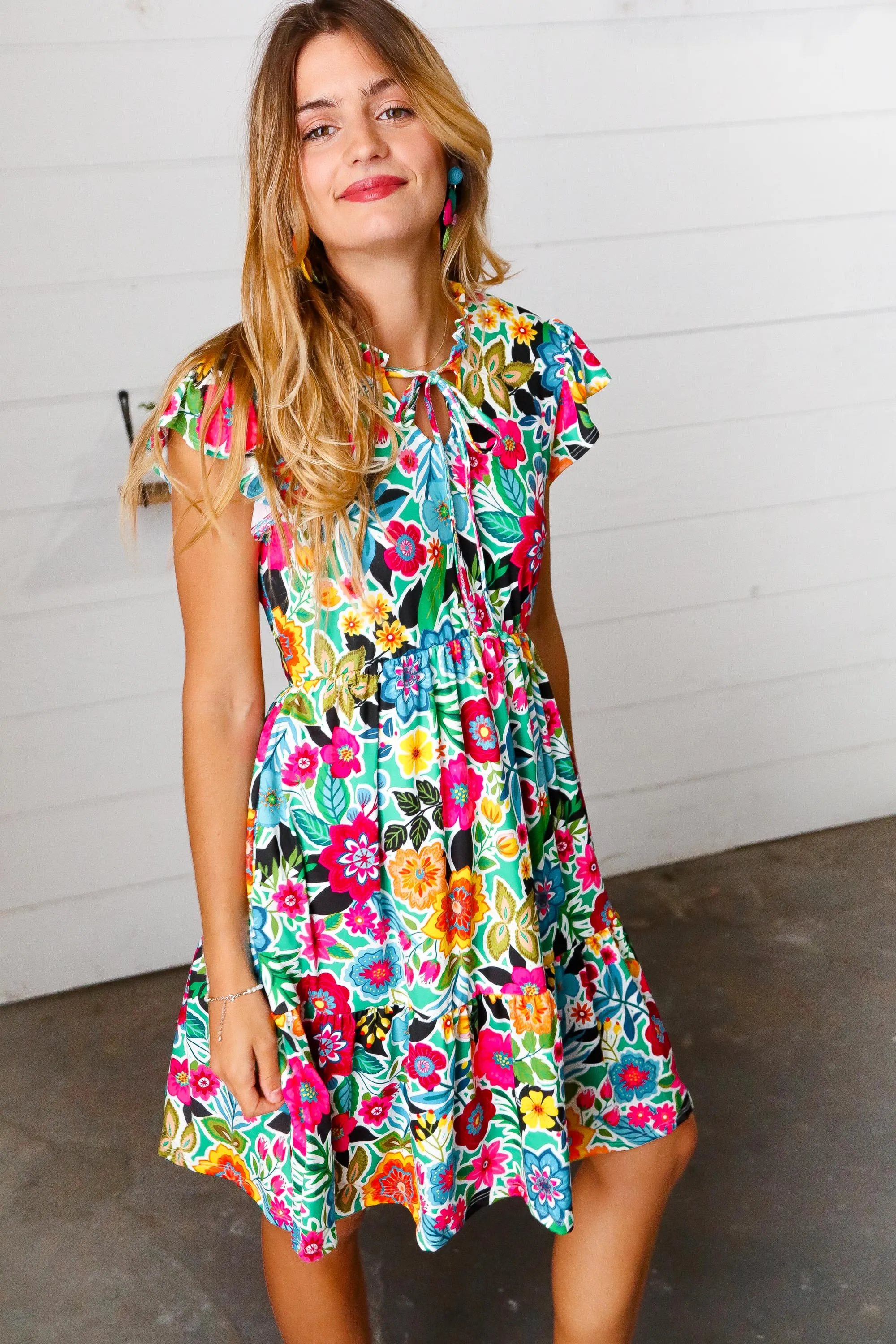 Green & Fuchsia Floral Fit and Flare Dress