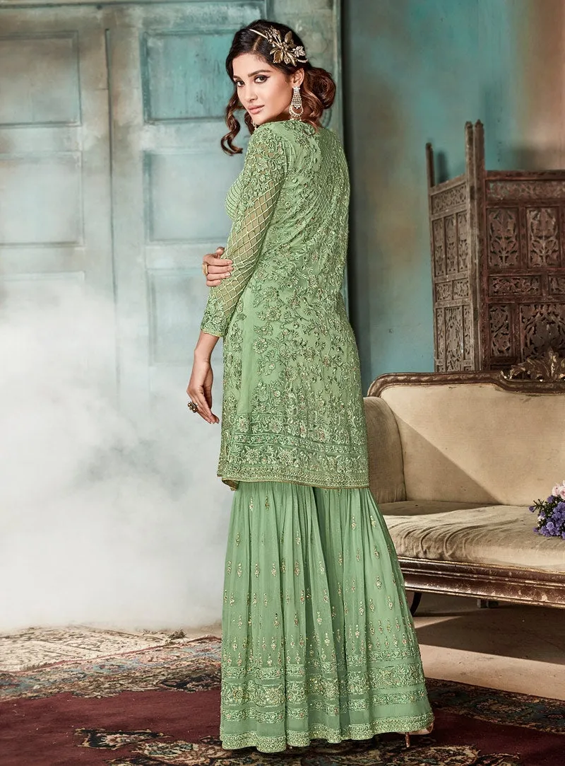 Green Glamour Angrakha Style Embroidered Gharara Suit