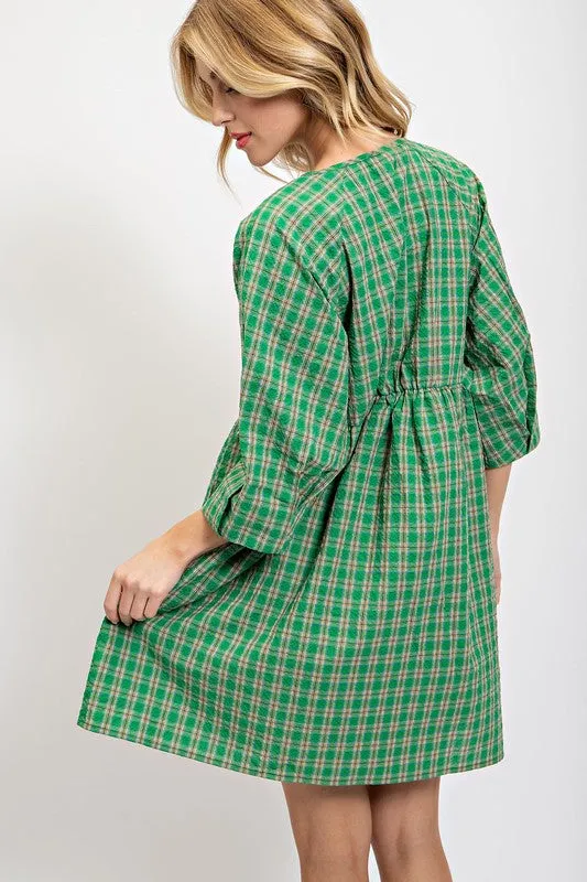 Green Plaid V-Neck Dress with Side Pockets