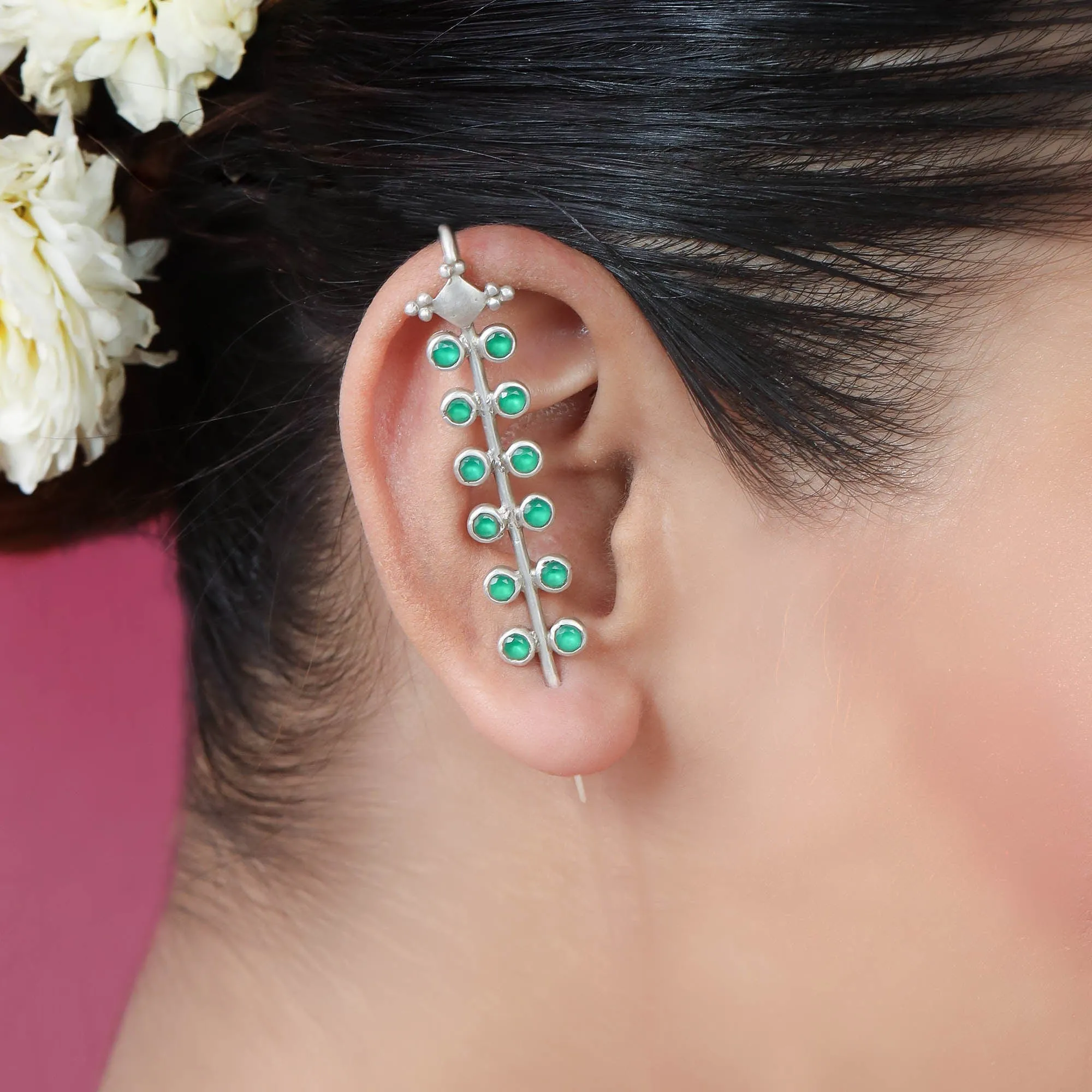 Green Stone Silver 92.5 Needle Ear Cuffs