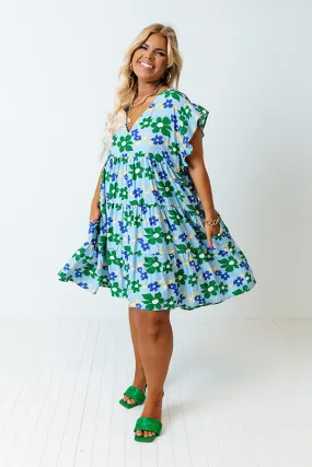 Happy Vibes Floral Babydoll Dress In Sky Blue Curves