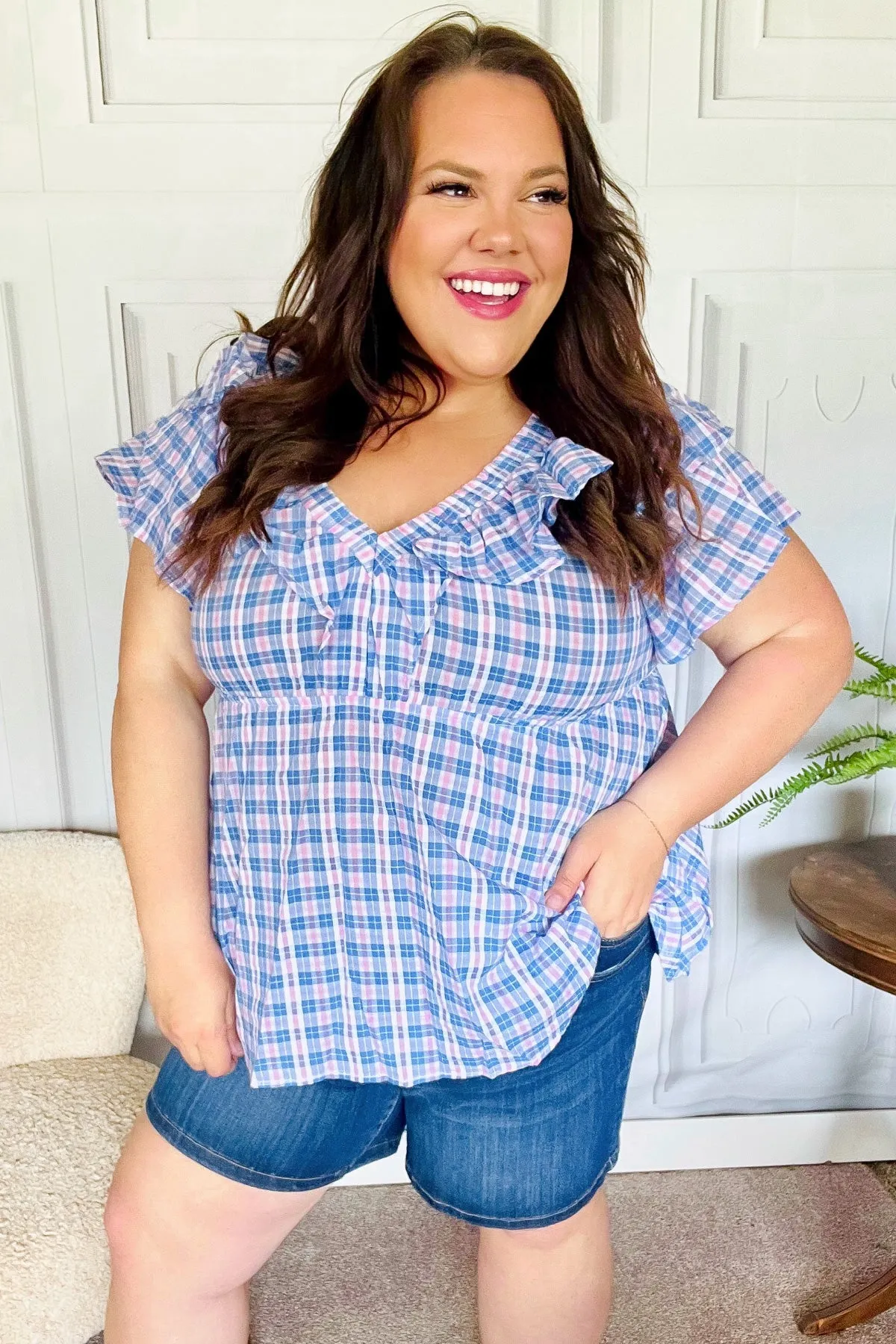 Hello Beautiful Blue Plaid V Neck Ruffle Elastic Babydoll Top -SALE-