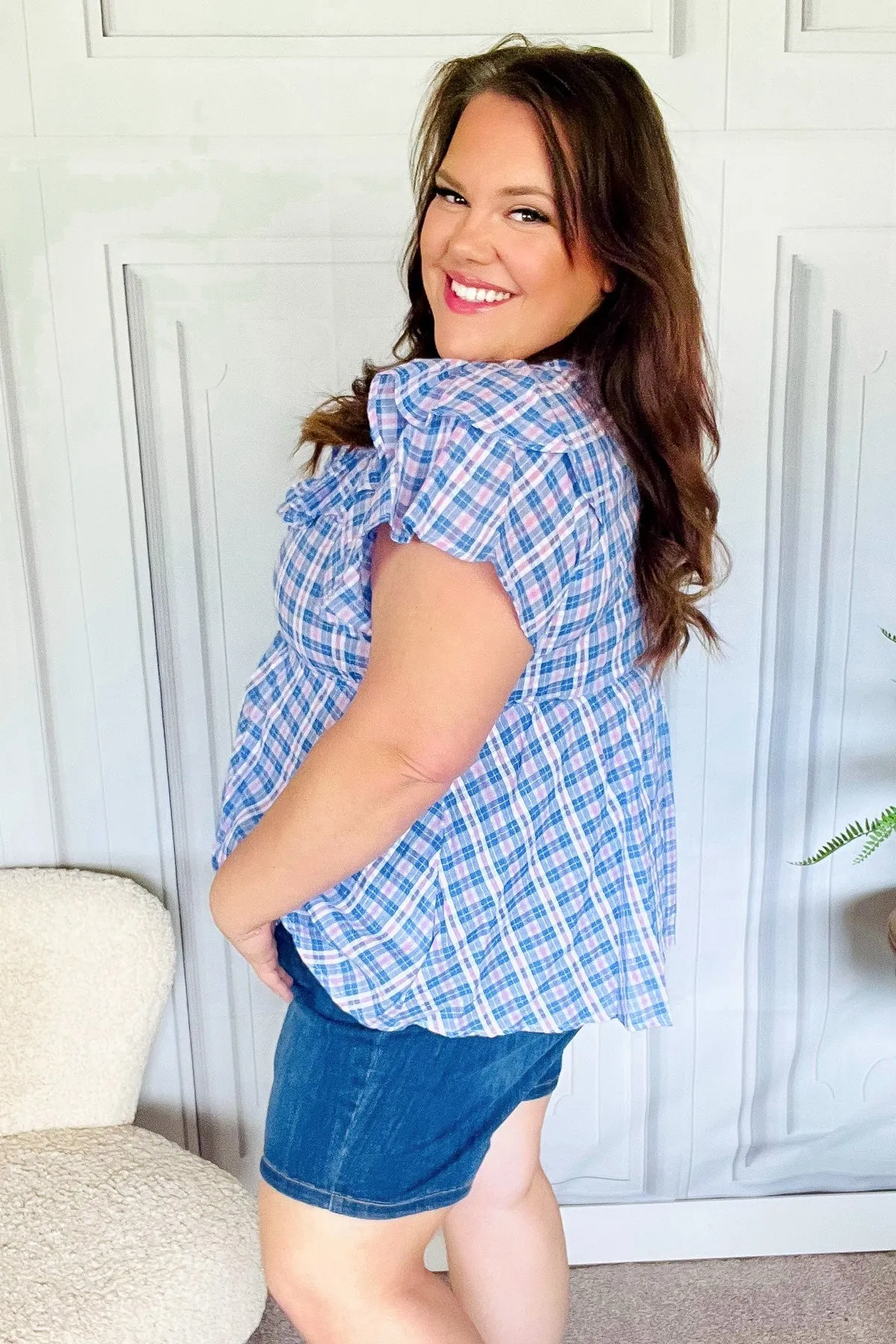 Hello Beautiful Blue Plaid V Neck Ruffle Elastic Babydoll Top -SALE-