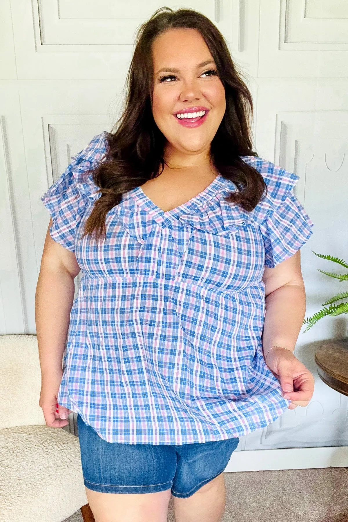 Hello Beautiful Blue Plaid V Neck Ruffle Elastic Babydoll Top -SALE-