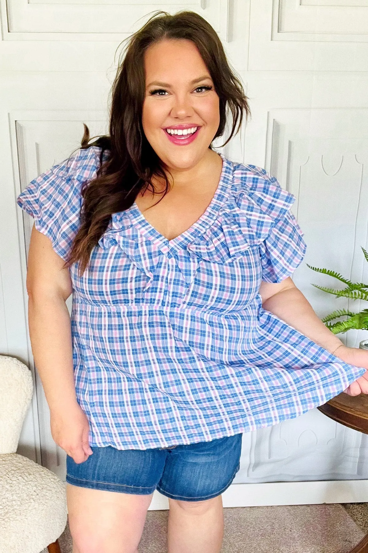 Hello Beautiful Blue Plaid V Neck Ruffle Elastic Babydoll Top -SALE-