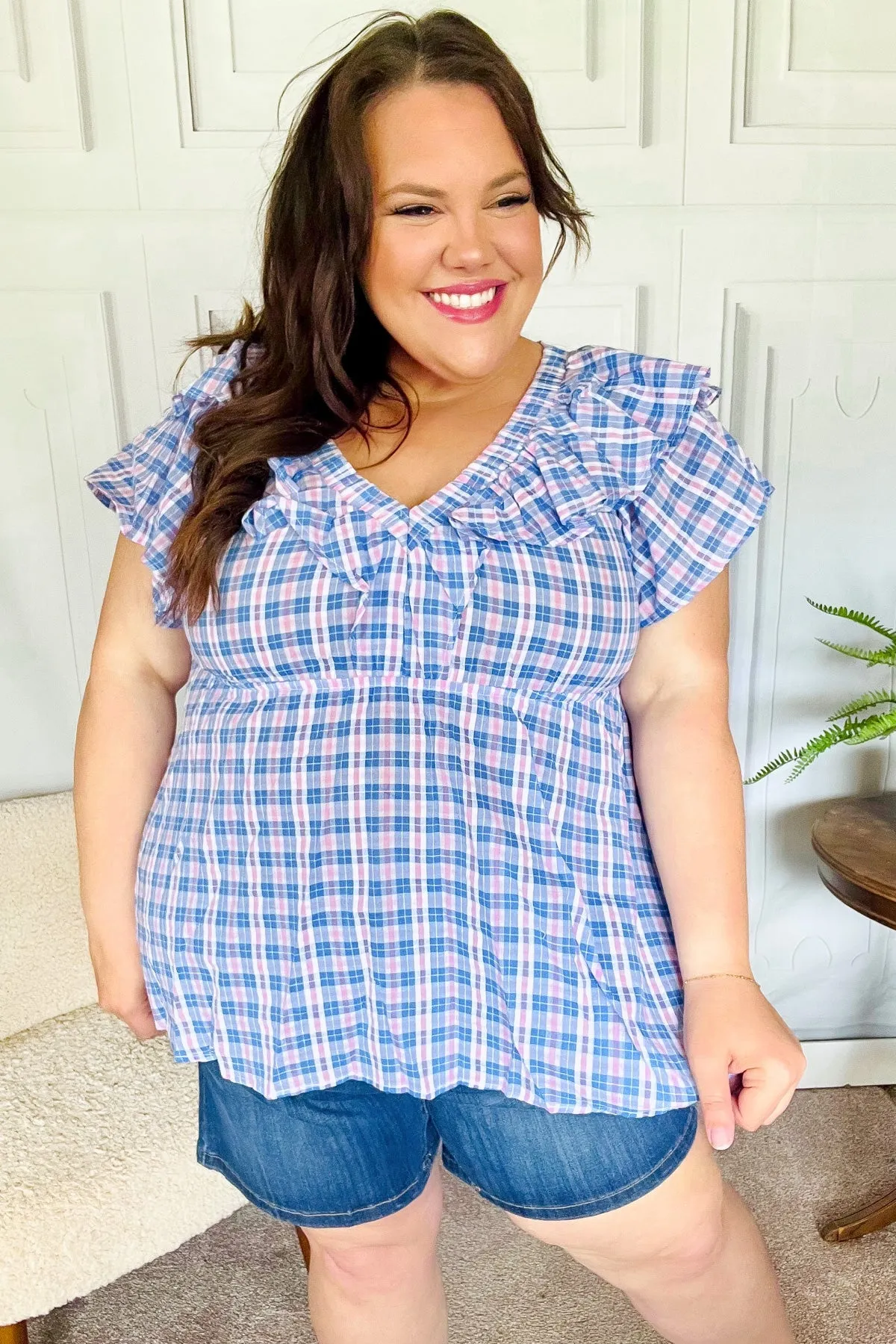 Hello Beautiful Blue Plaid V Neck Ruffle Elastic Babydoll Top -SALE-